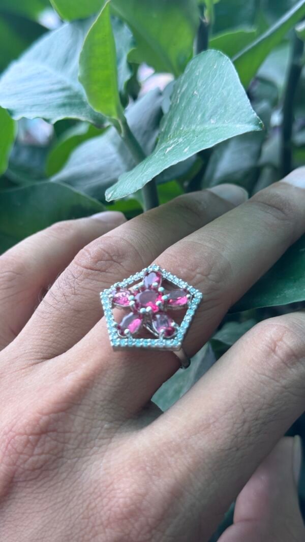 Regal Pink & Silver Cocktail AD Ring (Adjustable Size) - Image 3
