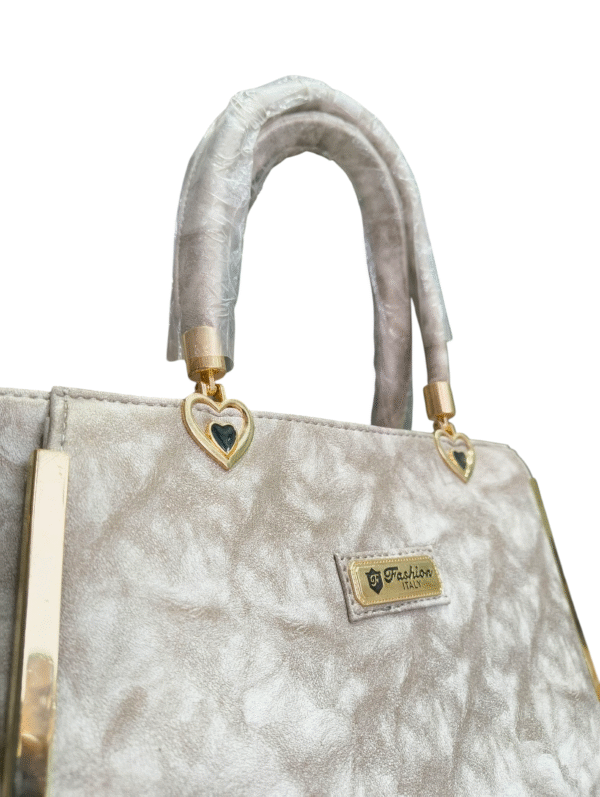Grey Faux Leather Tote Handbag with Gold-Tone Accents - Image 3
