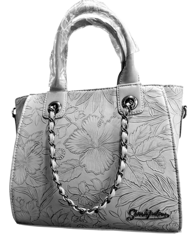 Mint Green Embossed Floral Handbag with Chain Detail - Image 2