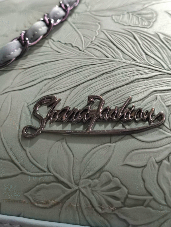 Mint Green Embossed Floral Handbag with Chain Detail - Image 4
