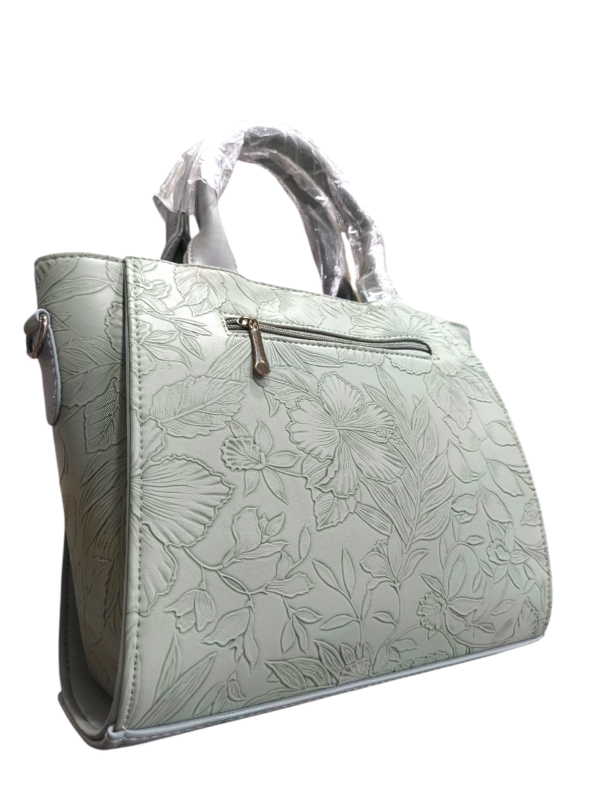 Mint Green Embossed Floral Handbag with Chain Detail - Image 3