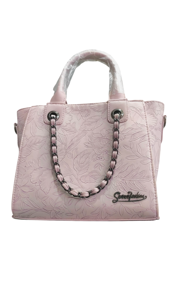 Pink Embossed Floral Handbag with Chain Detail