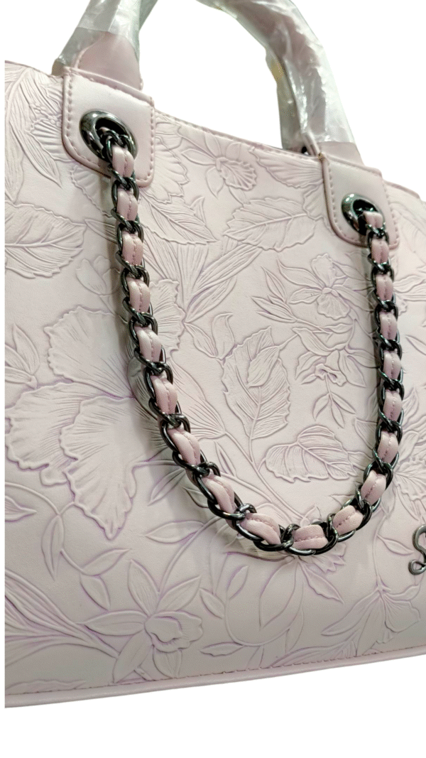 Pink Embossed Floral Handbag with Chain Detail - Image 3