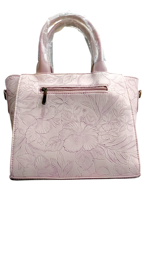 Pink Embossed Floral Handbag with Chain Detail - Image 4